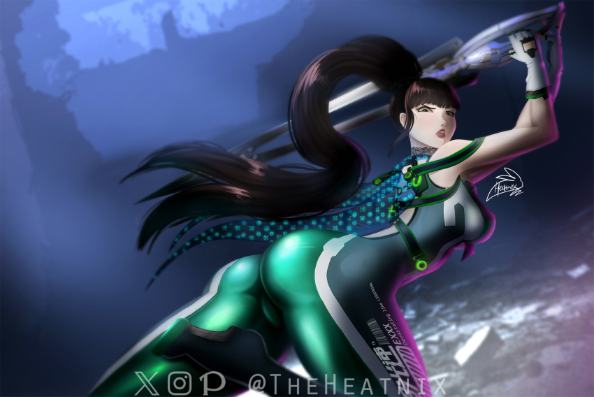 1girl ass black_hair bodysuit breasts eve_(stellar_blade) green_bodysuit highres holding holding_sword holding_weapon large_breasts long_hair planet_diving_suit_(7th)_(stellar_blade) ponytail solo stellar_blade sword theheatnix thick_thighs thighs very_long_hair weapon