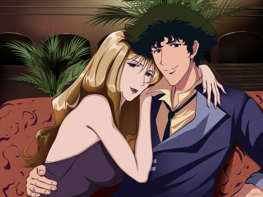 1boy 1girl blonde_hair blue_eyes breasts brown_eyes couple cowboy_bebop cuddling curly_hair green_hair julia_(cowboy_bebop) large_breasts lucyguusi sideboob spike_spiegel