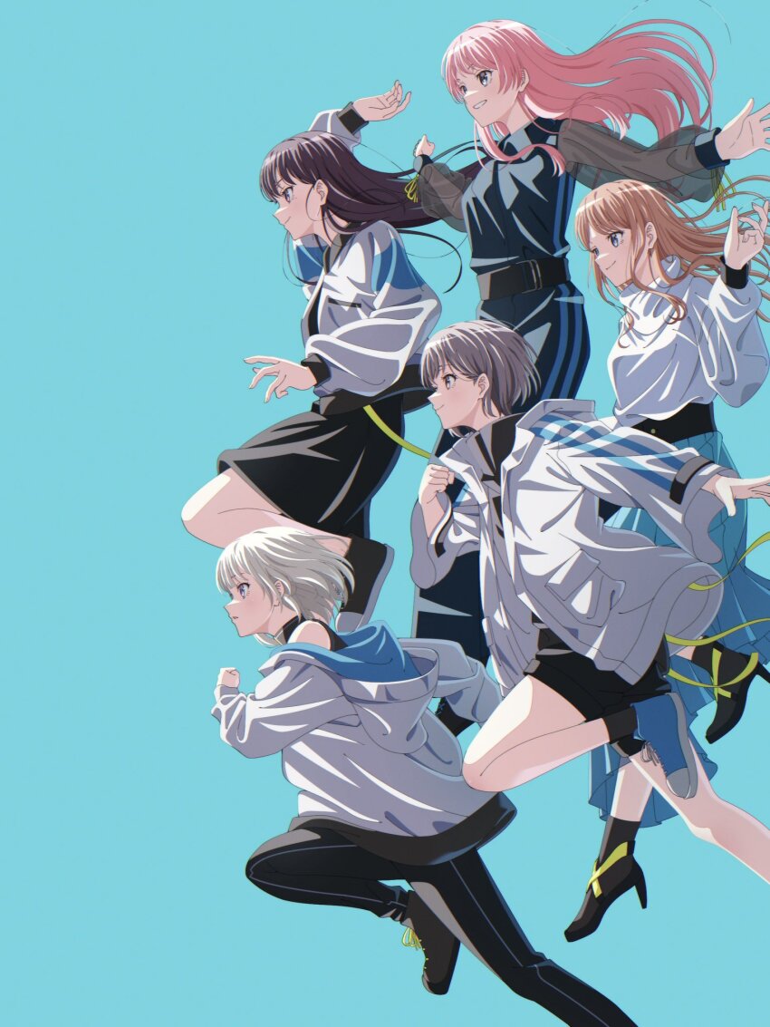 5girls arms_up bang_dream! bang_dream!_it&#039;s_mygo!!!!! black_dress black_footwear black_pants black_shirt black_shorts black_skirt blue_background blue_eyes blue_skirt brown_eyes brown_hair chihaya_anon closed_mouth dress floating_hair grey_eyes grey_hair highres hood hood_down hooded_jacket jacket kaname_raana long_hair long_sleeves mole mole_under_eye multiple_girls mygo!!!!!_(bang_dream!) nagasaki_soyo open_clothes open_jacket open_mouth pants pink_hair purple_eyes see-through_clothes see-through_sleeves shiina_taki shirt short_hair shorts sidelocks simple_background skirt smile sweater takamatsu_tomori white_hair white_jacket white_sweater yasou0049