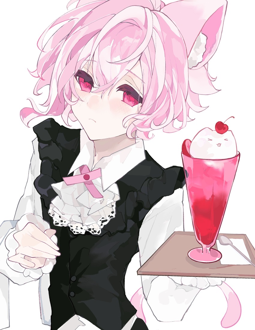 1boy absurdres animal_ears black_vest blush cat_ears cat_tail cherry closed_mouth collared_shirt dress_shirt expressionless food frilled_sleeves frills fruit hair_between_eyes highres holding ice_cream idolish7 kujou_tenn lingchuanlc long_sleeves looking_at_viewer male_focus nose_blush parfait pink_eyes pink_hair shirt short_hair soft_serve solo spoon tail tray vest white_background white_shirt