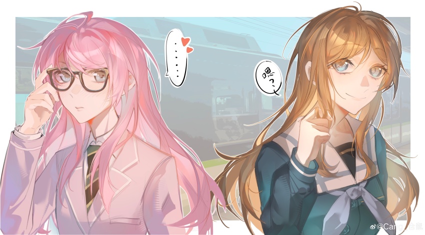 2girls absurdres adjusting_eyewear bang_dream! bang_dream!_it&#039;s_mygo!!!!! blue_eyes blue_shirt blush brown_hair cang_(akaga204) chihaya_anon chinese_commentary commentary_request diagonal-striped_clothes diagonal-striped_necktie glasses green_necktie grey_eyes grey_jacket grey_neckerchief haneoka_school_uniform heart highres jacket long_hair long_sleeves multiple_girls nagasaki_soyo neckerchief necktie open_mouth pink_hair school_uniform shirt sidelocks spoken_heart striped_clothes train tsukinomori_school_uniform twirling_hair upper_body watermark weibo_watermark