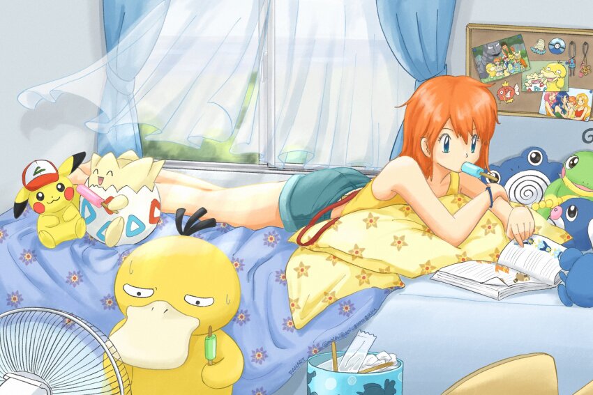 1girl ash_ketchum asymmetrical_hair bare_arms bare_shoulders baseball_cap bed bed_sheet bedroom blonde_hair blue_eyes book brock_(pokemon) calendar_(object) cameo character_doll chikorita clock curtains cyndaquil daisy_(pokemon) denim denim_shorts eating electric_fan food food_in_mouth gen_1_pokemon gen_2_pokemon hair_down hand_fan hat highres holding holding_food ice_cream indoors lily_(pokemon) long_hair lying magikarp manga_(object) misty_(pokemon) mouth_hold nintendo objectification omanyte omochi_(aoi_guruguru) on_bed on_stomach onix orange_hair pikachu pillow pokemon pokemon_(anime) pokemon_(classic_anime) politoed poliwag poliwhirl ponytail popsicle psyduck reading sakura_(pokemon) shirt short_shorts shorts side_ponytail sitting smile star_(symbol) starmie staryu stuffed_animal stuffed_toy suspenders sweat tentacool tissue tissue_box togepi totodile violet_(pokemon) window yellow_shirt