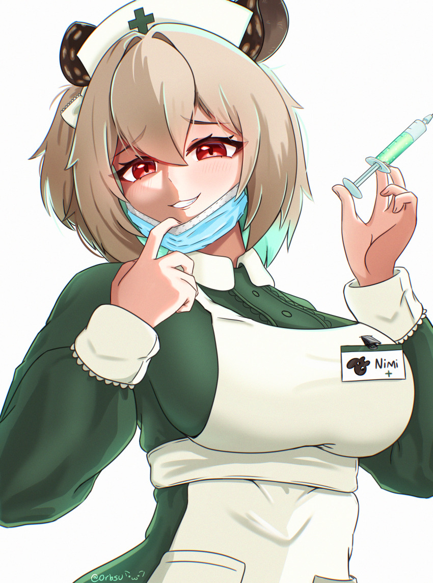 absurdres animal_ears blonde_hair bow hair_bow highres holding holding_needle mask mouth_mask needle nimi_nightmare nimi_nightmare_(tapir) nurse orbsu red_eyes surgical_mask tapir_ears virtual_youtuber
