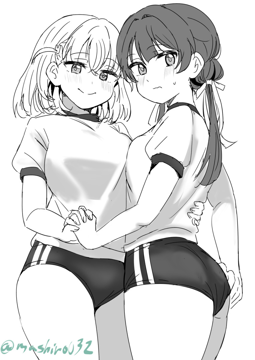 2girls ass asymmetrical_docking blush breast_press breasts buruma closed_mouth commentary_request cowboy_shot ereka greyscale gym_uniform hair_intakes hair_ornament hair_ribbon hand_on_another&#039;s_back highres hinoshita_kaho holding_hands interlocked_fingers large_breasts link!_like!_love_live! looking_at_viewer looking_back love_live! low_twintails medium_breasts medium_hair monochrome multiple_girls murano_sayaka rabbit_hair_ornament ribbon short_sleeves smile twintails twitter_username two_side_up virtual_youtuber