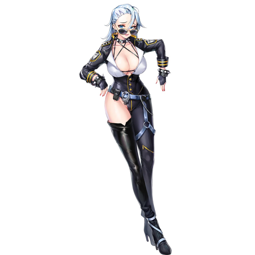 1girl asymmetrical_bodysuit asymmetrical_clothes blue_eyes boots bracelet breasts bumcha cleavage collar cuffs earrings fingerless_gloves full_body gloves handcuffs high_heels highres hoop_earrings huge_breasts jewelry last_origin long_hair looking_at_viewer looking_over_eyewear official_art open_mouth silver_hair single_thigh_boot smile solo sonia_of_devastation spiked_bracelet spiked_collar spikes sunglasses tachi-e thigh_boots thighhighs transparent_background weapon