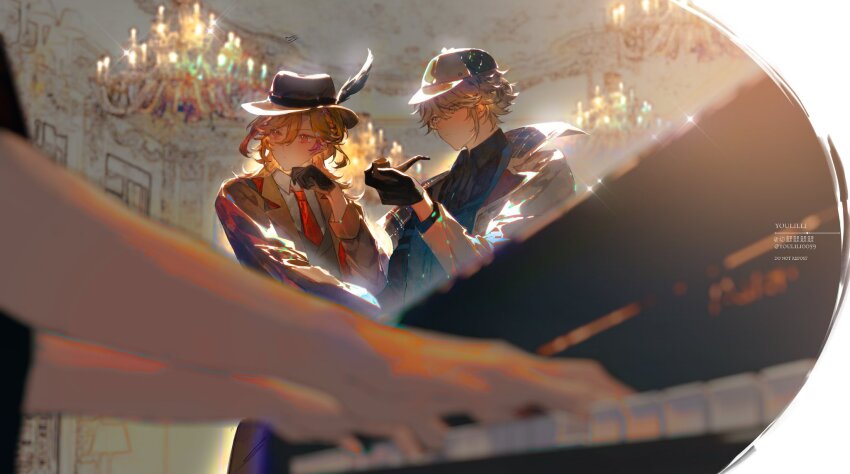 2boys alhaitham_(genshin_impact) asymmetrical_sidelocks black_gloves black_shirt blonde_hair chandelier closed_mouth deerstalker feathers genshin_impact gloves grey_hair hair_between_eyes hat hat_feather highres holding holding_smoking_pipe instrument kaveh_(genshin_impact) long_hair long_sleeves male_focus multicolored_hair multiple_boys necktie piano red_eyes red_necktie shirt short_hair smoking_pipe youlili
