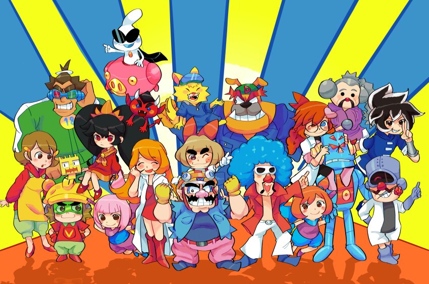 18-volt 5-volt 6+boys 6+girls 9-volt absurdres alien ana_(warioware) ashley_(warioware) awxtach black_cape black_hair blue_eyes blue_footwear blue_hair blue_shirt bow brown_fur brown_hair cape cleft_chin closed_eyes colored_skin demon demon_horns demon_tail double_bun dr._crygor dress dribble_(warioware) facial_hair fingerless_gloves flower flying_saucer fronk furry furry_male glasses gloves grin hair_bow hair_bun hair_ornament heart heart_hair_ornament helmet highres horns jacket jimmy_t kat_(warioware) lab_coat lulu_(warioware) master_mantis mike_(warioware) mona_(warioware) motorcycle_helmet multicolored_hair multiple_boys multiple_girls mustache nintendo open_clothes open_jacket open_mouth orange_hair orbulon pants penny_crygor pink_hair pink_pants red_(warioware) red_bow red_dress red_footwear red_jacket robot rose shirt smile spacecraft spitz sunglasses tail thick_eyebrows tinted_eyewear two-tone_hair wario warioware white_gloves white_pants white_skin yellow_fur yellow_gloves young_cricket
