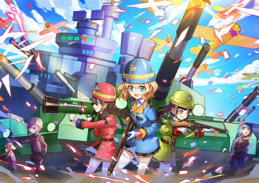 6+girls :d :o absurdres aircraft airplane aria_(vivid_army) battleship blonde_hair blue_dress blue_eyes blue_hair blue_headwear blue_sky character_request cloud dress female_focus gloves green_dress green_headwear gun helmet highres holding holding_gun holding_weapon huge_filesize long_hair looking_at_viewer military military_vehicle motor_vehicle multiple_girls open_mouth pink_hair purple_hair red_dress red_headwear rocket_launcher ship short_hair sky smile soldier tagme tank thighhighs tina_(vivid_army) vivid_army warship wata_(attaka_towel) watercraft weapon white_gloves yellow_eyes