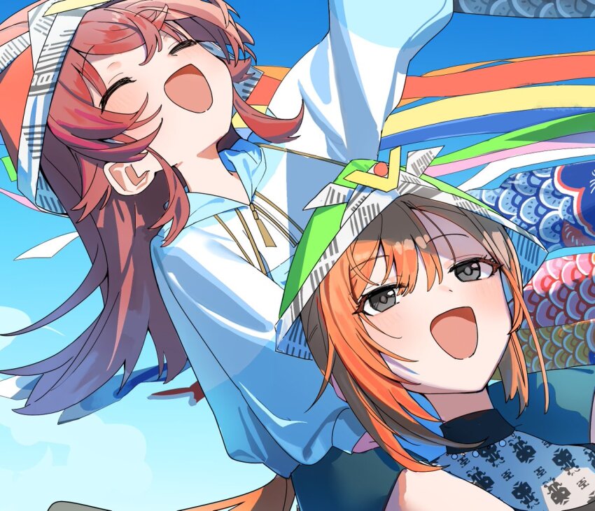 2girls alternate_costume arisugawa_natsuha blue_sky carrying closed_eyes day grey_eyes haruyuki_(gffewuoutgblubh) idolmaster idolmaster_shiny_colors jacket long_hair long_sleeves multiple_girls open_mouth origami osaki_tenka paid_reward_available paper_hat piggyback sky smile