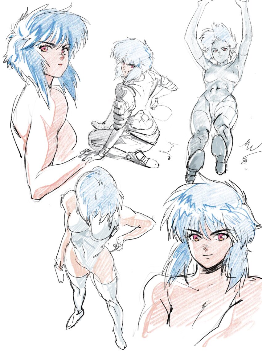 1girl aizheajsee blue_hair ghost_in_the_shell highres kneeling kusanagi_motoko leotard looking_at_viewer medium_hair multiple_views red_eyes solo thighhighs white_background