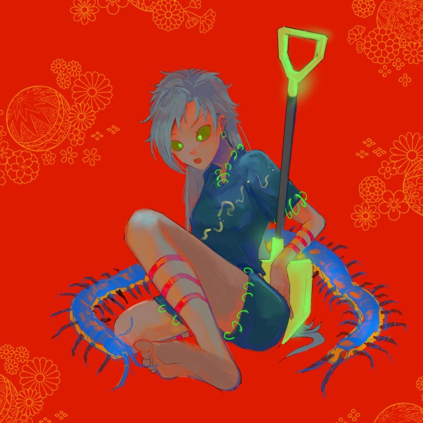 1girl bad_feet barefoot black_shirt black_skirt bug centipede colored_sclera commentary earrings artistic_error floral_background full_body gold grey_hair highres himemushi_momoyo hoop_earrings jewelry leg_ribbon long_hair messy miniskirt open_mouth ranko_no_ane red_background red_ribbon ribbon shirt shovel sitting skirt skirt_set teeth touhou upper_teeth_only v-shaped_eyebrows wrong_foot yellow_eyes yellow_sclera