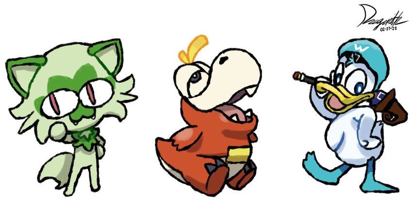 :3 baby_yoshi bird cat donald_duck dragonith duck fangs fuecoco highres kingdom_hearts mario_(series) mickey_mouse_&amp;_friends neco-arc new_super_mario_bros._u nintendo no_humans pokemon pokemon_(creature) quaxly simple_background slit_pupils sprigatito starter_pokemon_trio tsukihime white_background