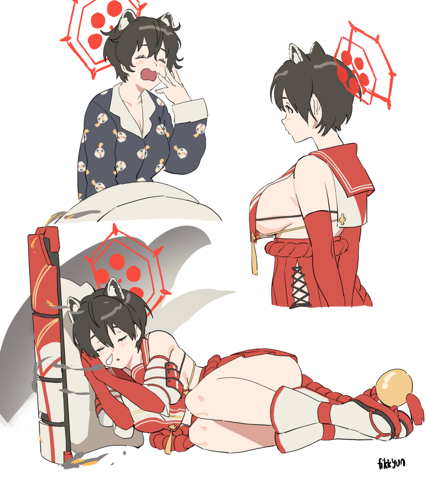 1girl animal_ears armor artist_name ballistic_shield blue_archive breasts closed_eyes commentary crop_top crop_top_overhang elbow_gloves english_commentary fikkyun geta gloves halo highres japanese_armor large_breasts light_blush long_sleeves lying multiple_views nose_bubble on_side open_mouth pajamas peroro_(blue_archive) print_pajamas raccoon_ears red_footwear red_gloves red_sailor_collar sailor_collar shield short_hair shoulder_armor sideless_outfit simple_background sleeping socks sode tabard tassel tsubaki_(blue_archive) waking_up white_background white_socks yawning