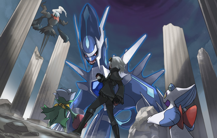 absurdres blue_eyes blue_hair blue_sclera boots bright_pupils claws collar colored_sclera darkrai dialga fighting_stance floating_hair fringe_trim froslass gen_4_pokemon goggles goggles_on_head highres holding holding_poke_ball legendary_pokemon long_hair mark331 mask mouth_mask mythical_pokemon nintendo outdoors pillar poke_ball pokemon pokemon_(creature) pokemon_legends:_arceus roserade ruins skirt slit_pupils smoking spiked_collar spikes tendril white_hair white_pupils