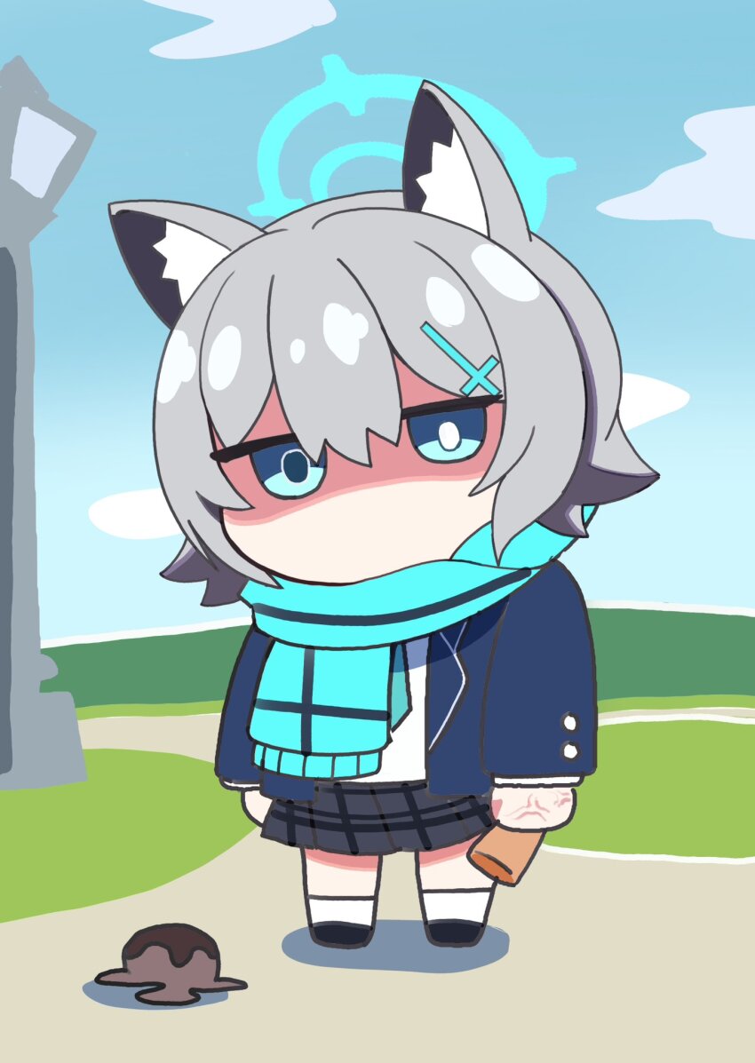 1girl anger_vein animal_ear_fluff animal_ears arms_at_sides black_skirt blue_archive blue_eyes blue_halo blue_jacket blue_scarf bright_pupils chibi commentary cran_berrie cross_hair_ornament day expressionless food full_body hair_between_eyes hair_ornament halo highres holding holding_ice_cream_cone ice_cream ice_cream_cone ice_cream_cone_spill jacket long_sleeves miniskirt mismatched_pupils no_mouth open_clothes open_jacket outdoors plaid_clothes plaid_skirt scarf shaded_face shiroko_(blue_archive) skirt solo standing white_pupils wolf_ears