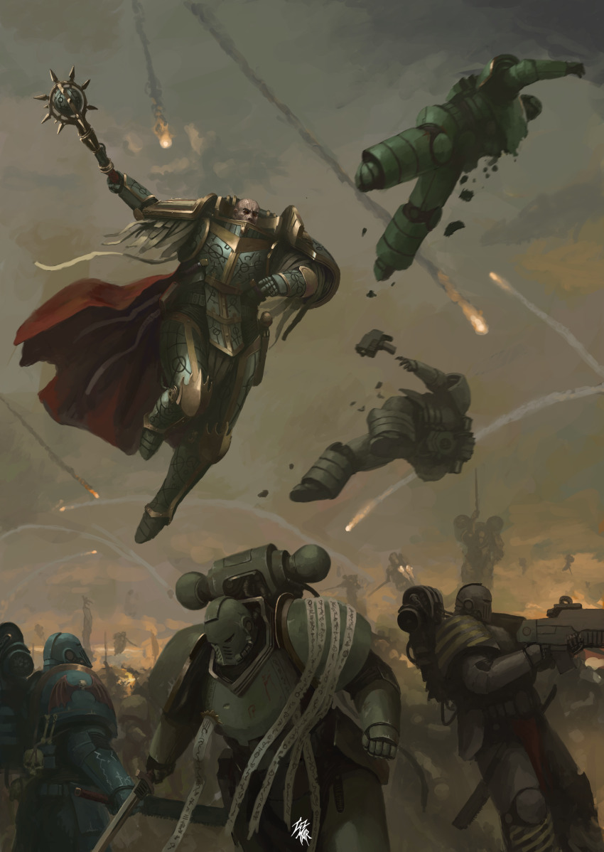 absurdres adeptus_astartes armor armored_boots artist_logo bald battle battlefield blue_armor bolter boots breastplate cape chainsword commentary couter crotch_plate cuirass drop_site_massacre_(warhammer) english_commentary facial_tattoo fake_text firing from_behind from_side gauntlets gold_trim greaves green_armor grey_armor hazard_stripes helmet highres illuminarum iron_warriors jumping leg_armor logo looking_up lorgar_aurelian male_focus missing_limb multicolored_armor night_lords ornate_armor outdoors overcast pauldrons pelvic_curtain poleyn power_armor primarch purity_seal red_cape red_eyes rerebrace salamanders_(warhammer) shoulder_armor skull sky solo_focus straight-on tattoo taz-mar warhammer_40k weapon word_bearers