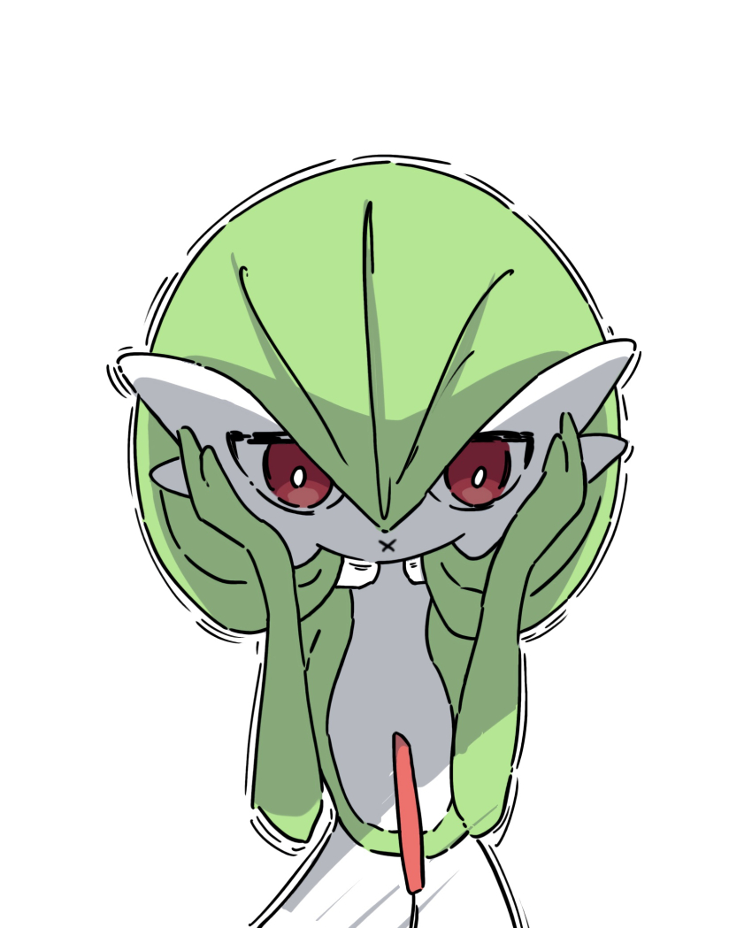 1girl bob_cut bright_pupils colored_skin female_focus flat_chest gardevoir gen_3_pokemon green_hair green_skin hair_between_eyes half-closed_eyes hands_on_own_cheeks hands_on_own_face hands_up highres looking_afar multicolored_skin nintendo pokemon pokemon_(creature) red_eyes short_hair simple_background solo standing straight-on trembling tsutsu_izakura two-tone_skin upper_body white_background white_pupils white_skin x_mouth