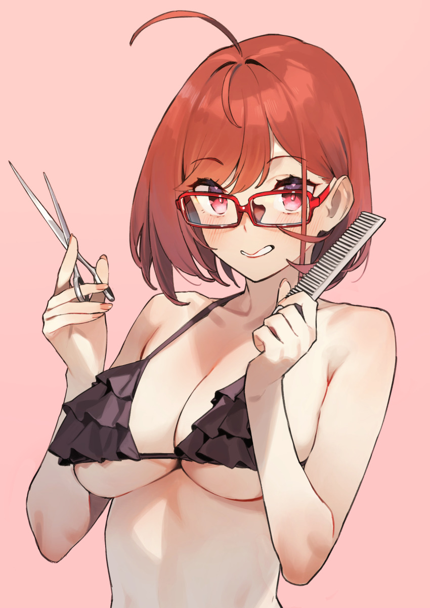 1girl 92m absurdres ahoge bare_shoulders bikini black_bikini blush breasts cleavage comb frilled_bikini frills glasses grin highres holding holding_comb holding_scissors huge_ahoge kinshi_no_ane_(92m) large_breasts looking_at_viewer original rectangular_eyewear red-framed_eyewear red_eyes red_hair scissors short_hair smile solo swimsuit teeth two-tone_eyewear upper_body