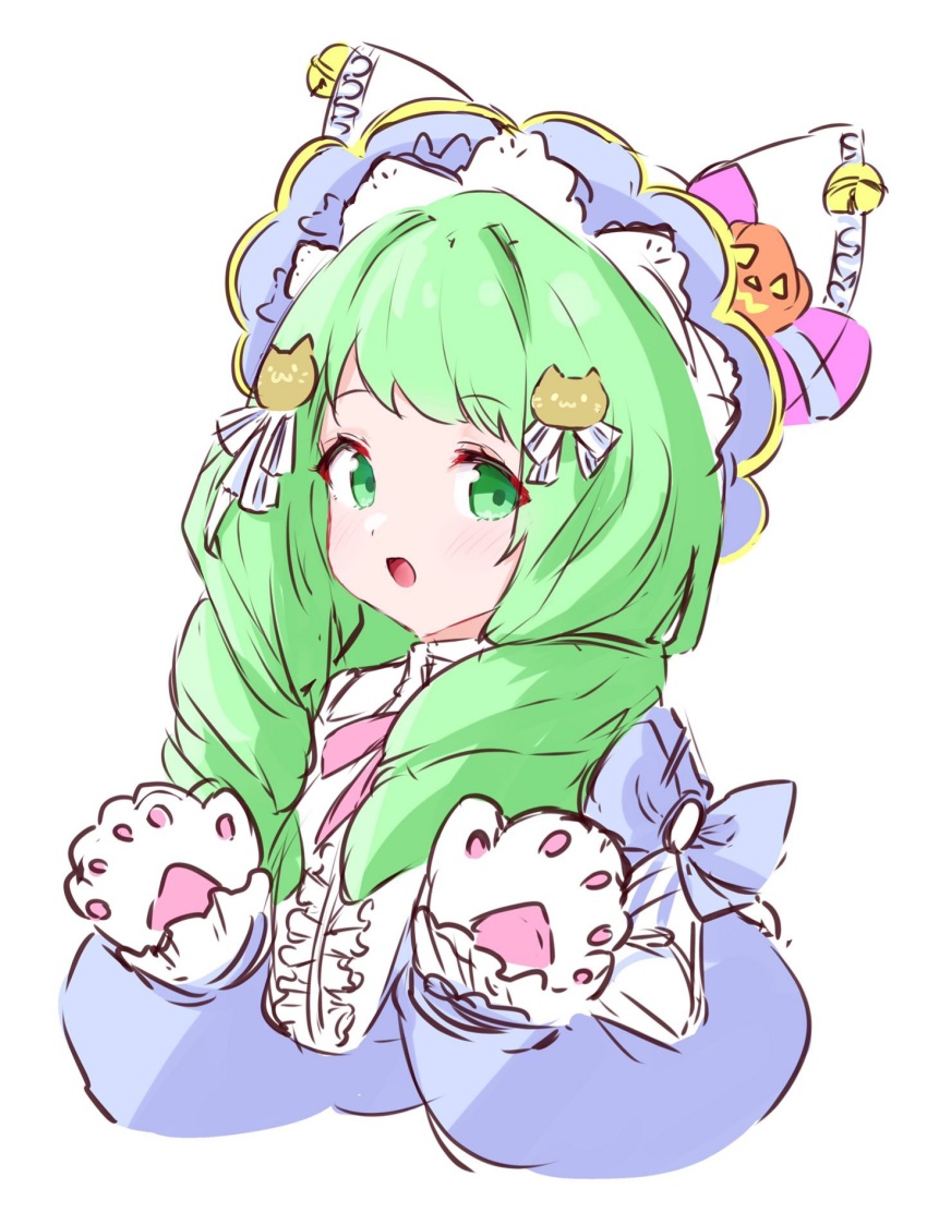 1girl animal_hands cat_paw cat_paws drill_hair fire_emblem fire_emblem:_three_houses fire_emblem_heroes flayn_(fire_emblem) flayn_(halloween)_(fire_emblem) gloves green_eyes green_hair halloween halloween_costume highres jack-o&#039;-lantern_hat_ornament lillian8710 nintendo official_alternate_costume paw_gloves solo