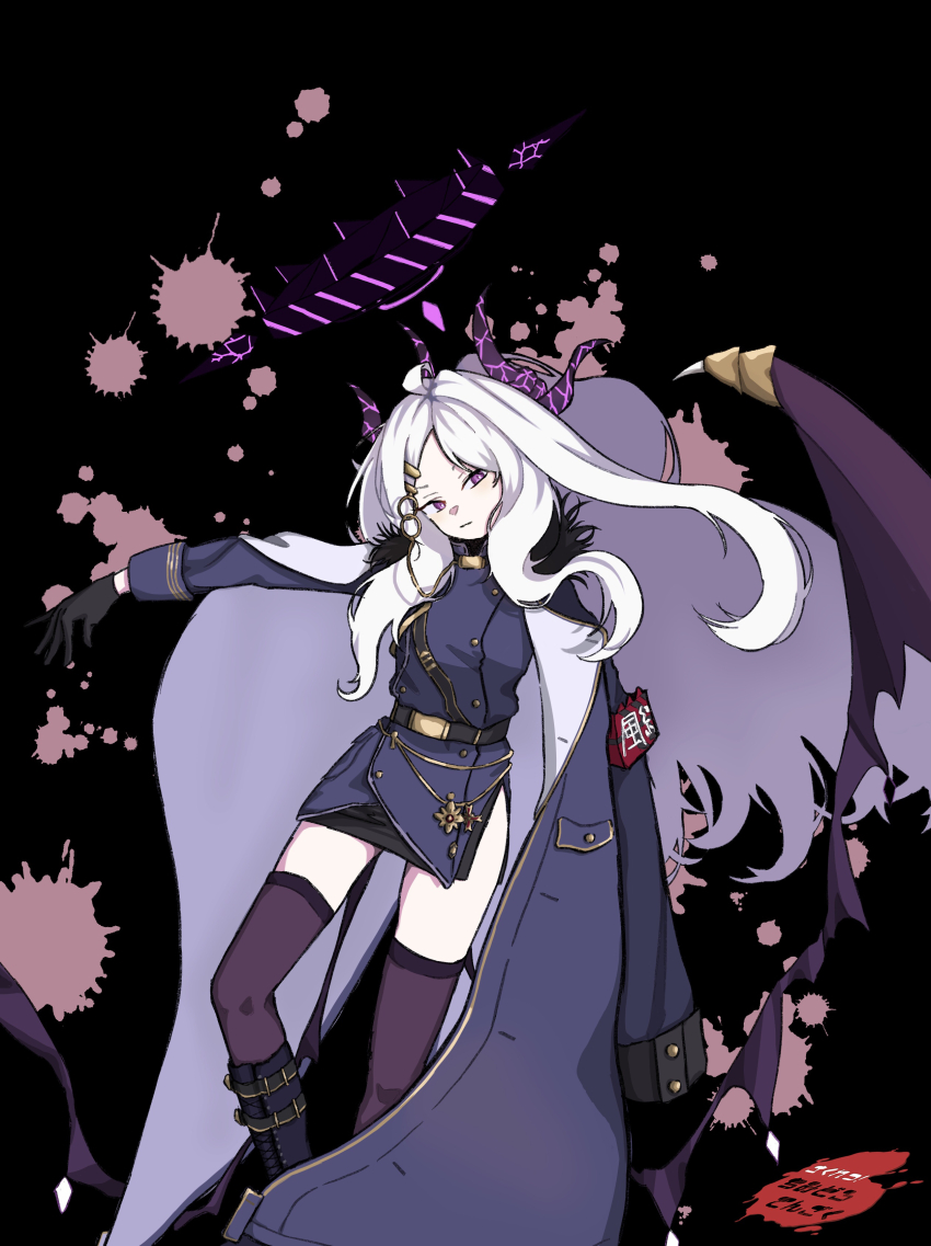 1girl absurdres ahoge black_coat black_gloves black_halo black_skirt black_thighhighs blue_archive blush breasts chidamarihappy coat coat_on_shoulders demon_girl demon_horns demon_wings gloves halo highres hina_(blue_archive) horns long_hair looking_at_viewer purple_eyes skirt small_breasts solo standing thighhighs white_hair wings