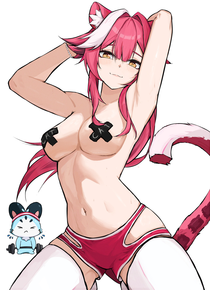 1girl absurdres animal_ears armpits arms_up blush bracelet breasts chattino_(raora_panthera) closed_mouth clothing_cutout collarbone commentary cross cross_pasties english_commentary hair_intakes highres hip_vent hololive hololive_english jewelry kneeling long_hair looking_at_viewer multicolored_hair navel panther_ears panther_girl panther_tail pasties pink_hair pink_lips pink_shorts pink_tail raora_panthera shorts simple_background smile stomach streaked_hair sweat tail thighhighs thighs topless_female ttsyrene two-tone_hair virtual_youtuber white_background white_hair white_thighhighs yellow_eyes