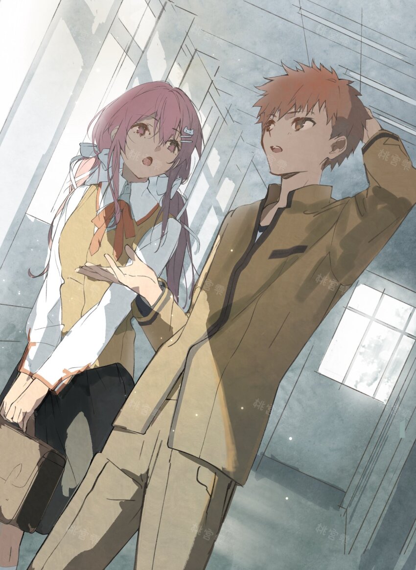1boy 1girl black_skirt blush bow breaker_gorgon breasts brown_vest building ceiling couple cross cross_print emiya_shirou fate/stay_night fate_(series) hair_ornament hair_ribbon hallway highres homurabara_academy_school_uniform igote long_hair long_sleeves momomiya_shizuku_(gaoyue_jixiang) neck_ribbon oc_x_canon open_mouth orange_hair original pastels pink_eyes pink_hair print_ribbon raglan_sleeves red_hair red_ribbon ribbon salon school school_uniform shirt skirt solo twintails two_side_up vest