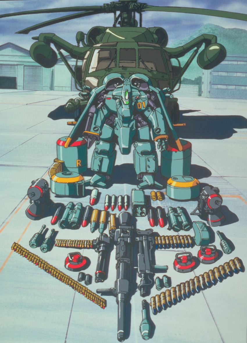 1980s_(style) aircraft ammunition_belt anime_coloring aramaki_shinji armor building bullet cannon drum_magazine equipment_layout explosive gatling_gun grenade gun hangar helicopter highres machine_gun madox-01 magazine_(weapon) mecha mecha_focus metal_skin_panic_madox-01 military mine_(weapon) missile missile_pod mountainous_horizon official_art oldschool outdoors power_armor promotional_art retro_artstyle rifle_cartridge robot sky weapon