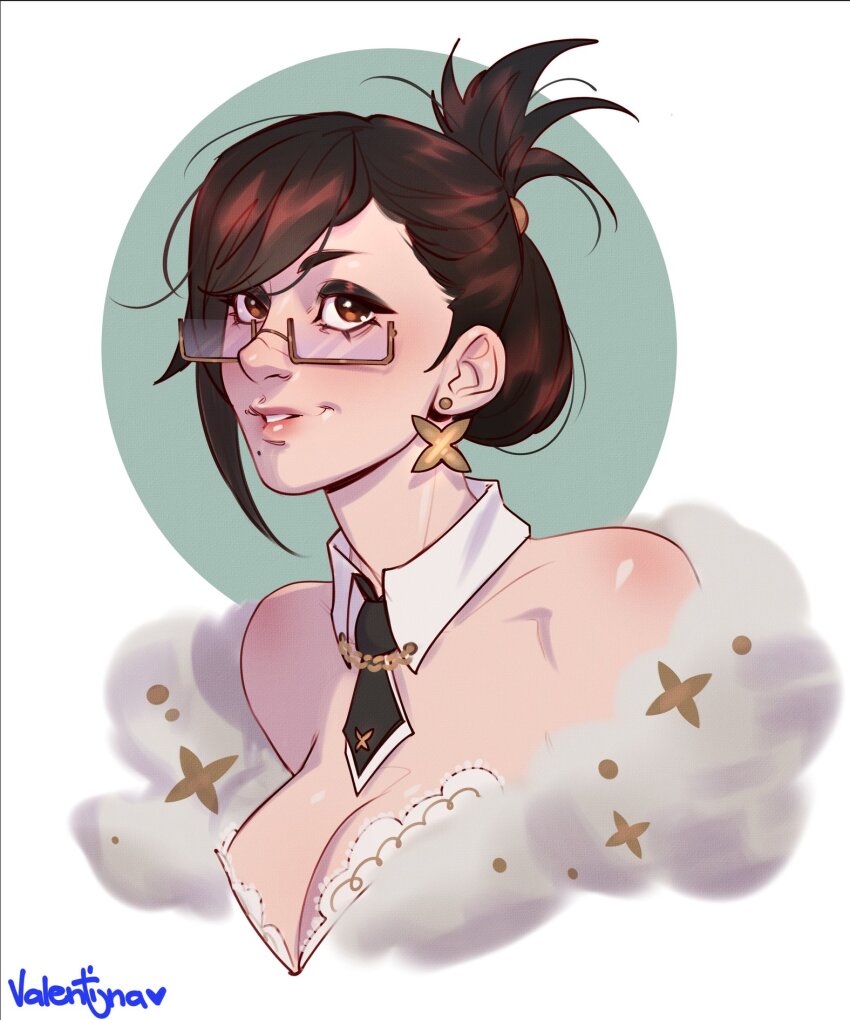 1girl artist_name black_necktie brown_eyes brown_hair collar detached_collar glasses highres looking_at_viewer necktie original portrait rectangular_eyewear short_necktie solo updo valentina_tavolilla white_collar