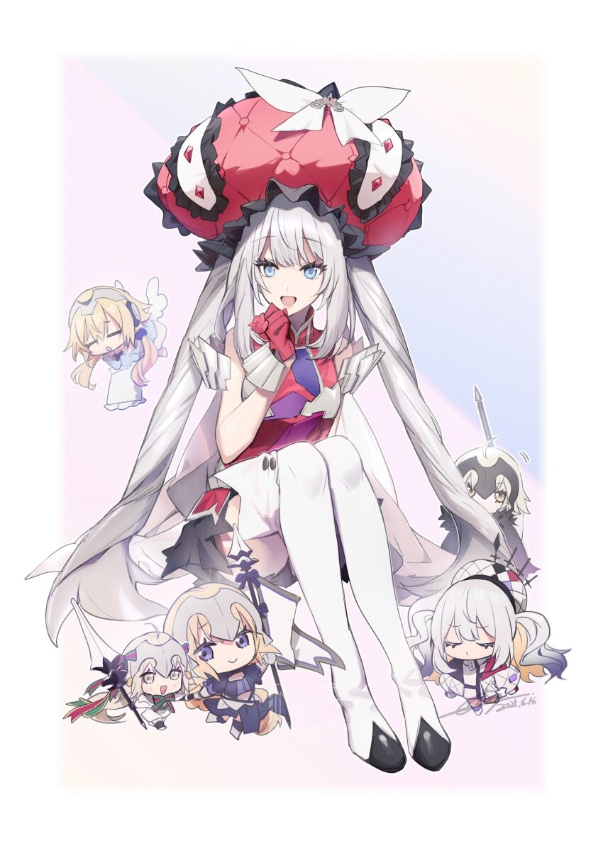 6+girls ahoge angel_wings blonde_hair blue_eyes border braid chibi closed_eyes closed_mouth dated dress fate/grand_order fate_(series) full_body gloves grey_hair hat headpiece highres holding_hands jeanne_d&#039;arc_(fate) jeanne_d&#039;arc_(ruler)_(fate) jeanne_d&#039;arc_alter_(avenger)_(fate) jeanne_d&#039;arc_alter_(fate) jeanne_d&#039;arc_alter_santa_lily_(fate) large_hat long_hair looking_at_another looking_at_viewer marie_antoinette_(fate) marie_antoinette_alter_(fate) marie_antoinette_alter_(first_ascension)_(fate) metatron_jeanne_(fate) metatron_jeanne_(second_ascension)_(fate) mini_person minigirl multiple_girls no-kan open_mouth outside_border purple_eyes red_dress red_gloves red_hat signature sitting size_difference sleeveless sleeveless_dress smile twintails very_long_hair white_border white_hair wings yellow_eyes
