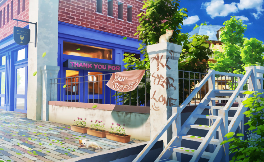 awning bilingual_commentary blue_sky brick_wall building cat cloud cloudy_sky commentary day door english_commentary english_text fence flower_pot graffiti mixed-language_commentary no_humans original outdoors plant potted_plant reason_(mark-of-the-unicorn) scenery sign sky stairs tree