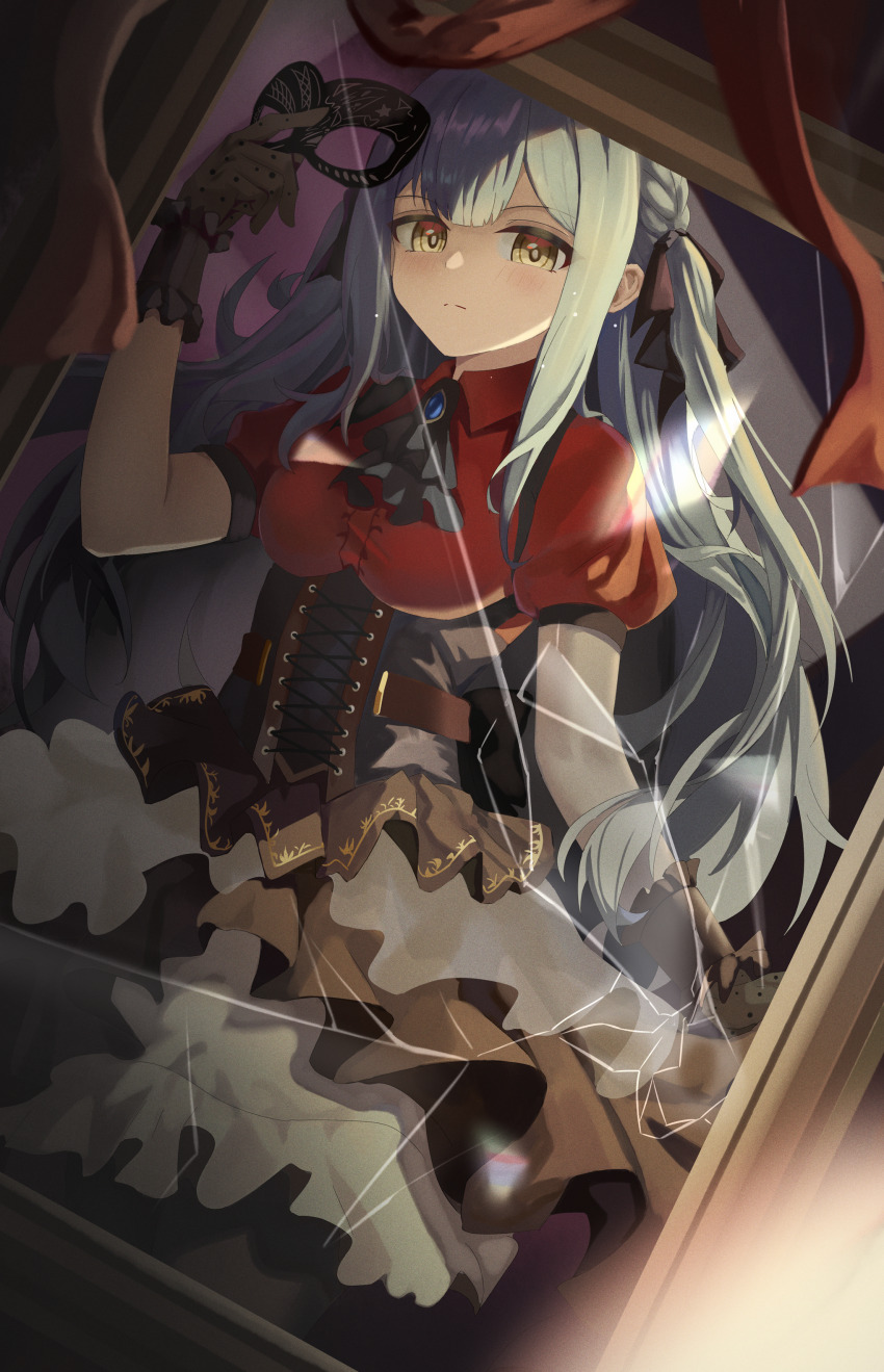 1girl absurdres ascot bang_dream! bang_dream!_it&#039;s_mygo!!!!! black_ascot black_gloves black_mask black_ribbon black_skirt blue_hair breasts broken_mirror closed_mouth collared_shirt commentary gloves hair_ribbon hand_up highres holding holding_mask layered_skirt long_hair looking_at_viewer mask masquerade_mask medium_breasts mirror mixian oblivionis_(bang_dream!) puffy_short_sleeves puffy_sleeves red_shirt ribbon shirt short_sleeves sidelocks skirt solo standing togawa_sakiko two_side_up yellow_eyes