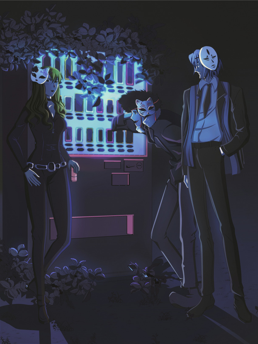1girl 2boys absurdres blonde_hair candyacne cowboy_bebop highres julia_(cowboy_bebop) multiple_boys spike_spiegel vending_machine vicious_(cowboy_bebop)
