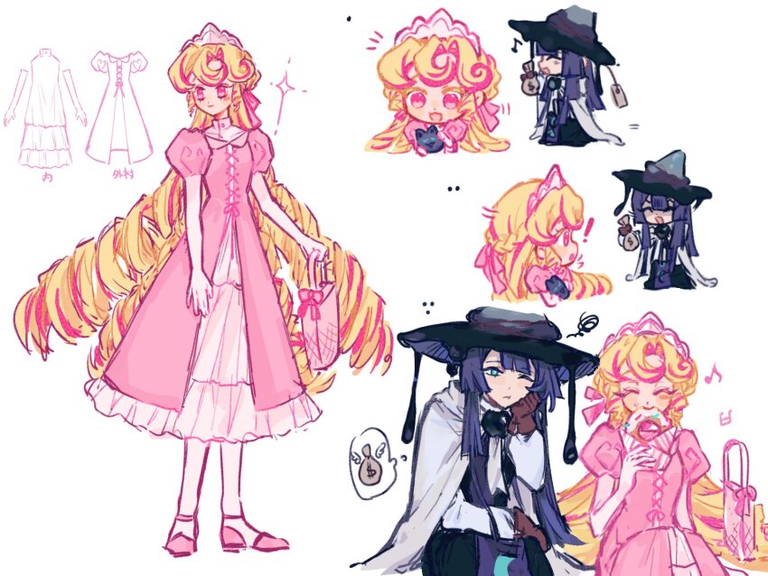 1boy 1girl alternate_costume black_hat black_pants blonde_hair blue_eyes brown_gloves cape colored_eyelashes cookie_run cookie_run:_kingdom curly_hair donut eating flipped_bangs food full_body gloves hat highres humanization kouign-amann_cookie long_hair looking_at_another looking_at_viewer mokaink28 multicolored_hair multiple_views one_eye_closed pants pantyhose pink_eyes pink_hair pink_shoes pink_streaks prune_juice_cookie puffy_short_sleeves puffy_sleeves shoes short_sleeves simple_background standing tiara very_long_hair white_background white_cape white_gloves white_pantyhose witch_hat