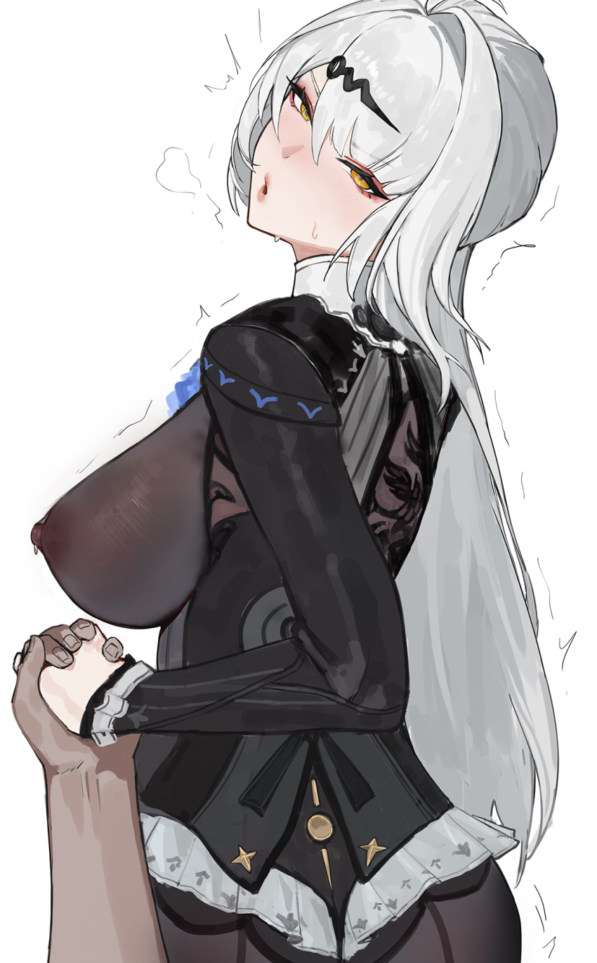1boy 1girl black_shirt bodystocking breasts covered_erect_nipples from_behind hetero highres holding_hands large_breasts looking_at_viewer nipples parted_lips pov sawaki_ken shirt simple_background white_background yellow_eyes yixuan_(zenless_zone_zero) zenless_zone_zero
