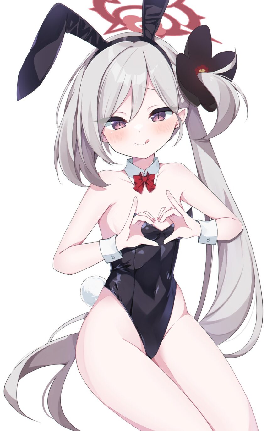 1girl alternate_costume animal_ears bare_legs bare_shoulders black_leotard blue_archive bow bowtie breasts covered_navel fake_animal_ears fake_tail halo heart heart_hands highres leotard long_hair looking_at_viewer murase48 mutsuki_(blue_archive) playboy_bunny purple_eyes rabbit_ears rabbit_tail red_bow red_bowtie red_halo side_ponytail simple_background small_breasts solo strapless strapless_leotard tail thighs very_long_hair white_wrist_cuffs wrist_cuffs