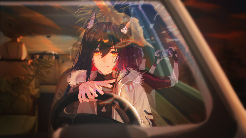 2girls absurdres aerial_fireworks animal_ear_fluff animal_ear_piercing animal_ears arknights black_gloves black_hair car_interior cellphone day evening exusiai_(arknights) fingerless_gloves fingernails fireworks fur-trimmed_jacket fur_trim gloves hair_between_eyes halo highres holding holding_phone jacket long_hair looking_at_viewer multiple_girls official_alternate_costume orange_halo outdoors phone red_hair reflection short_hair smartphone smile steering_wheel taking_picture texas_(arknights) texas_(winter_messenger)_(arknights) thewintermarket traditional_halo white_jacket wolf_ears wolf_girl yellow_eyes
