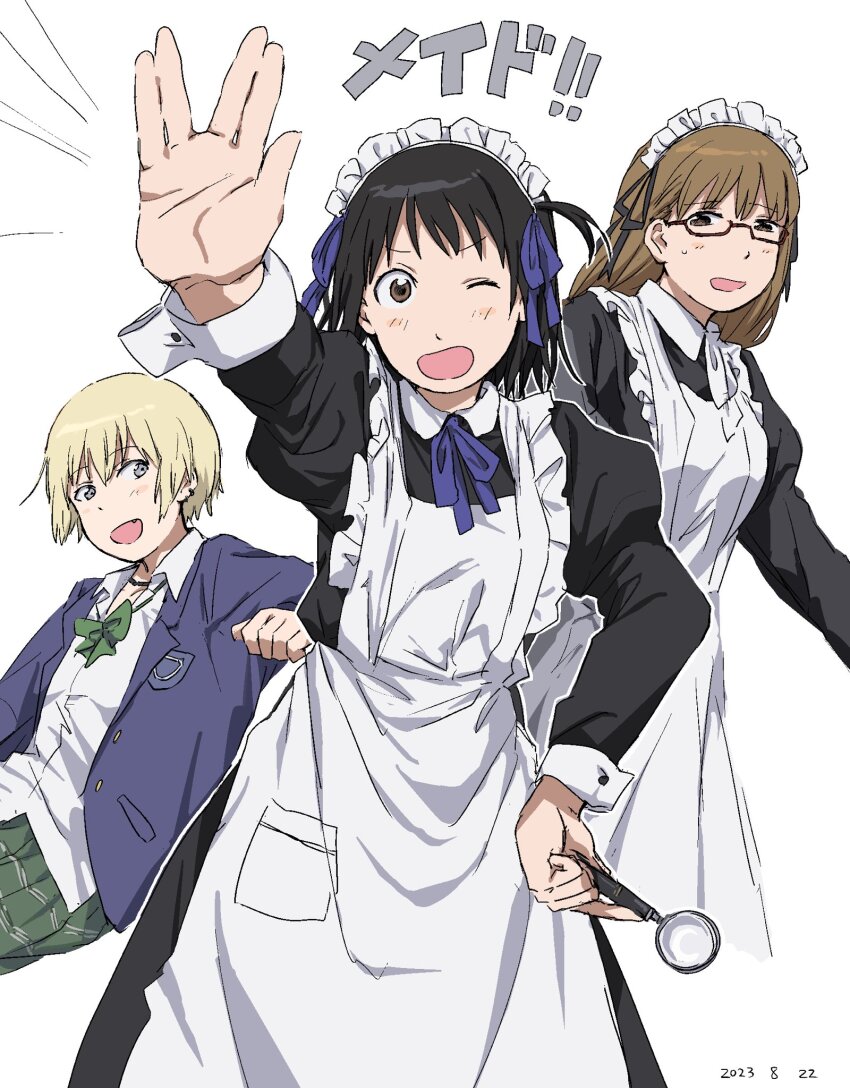 3girls apron arashiyama_hotori black_dress black_hair blonde_hair blue_jacket bow bowtie brown_eyes brown_hair dated dress glasses green_bow green_bowtie green_skirt highres holding holding_magnifying_glass jacket kon_futaba looking_at_viewer magnifying_glass maid maid_apron maid_headdress multiple_girls salute school_uniform shirt sketch skirt smile soredemo_machi_wa_mawatteiru takatisakana tatsuno_toshiko translation_request vulcan_salute white_apron white_background white_headdress white_shirt