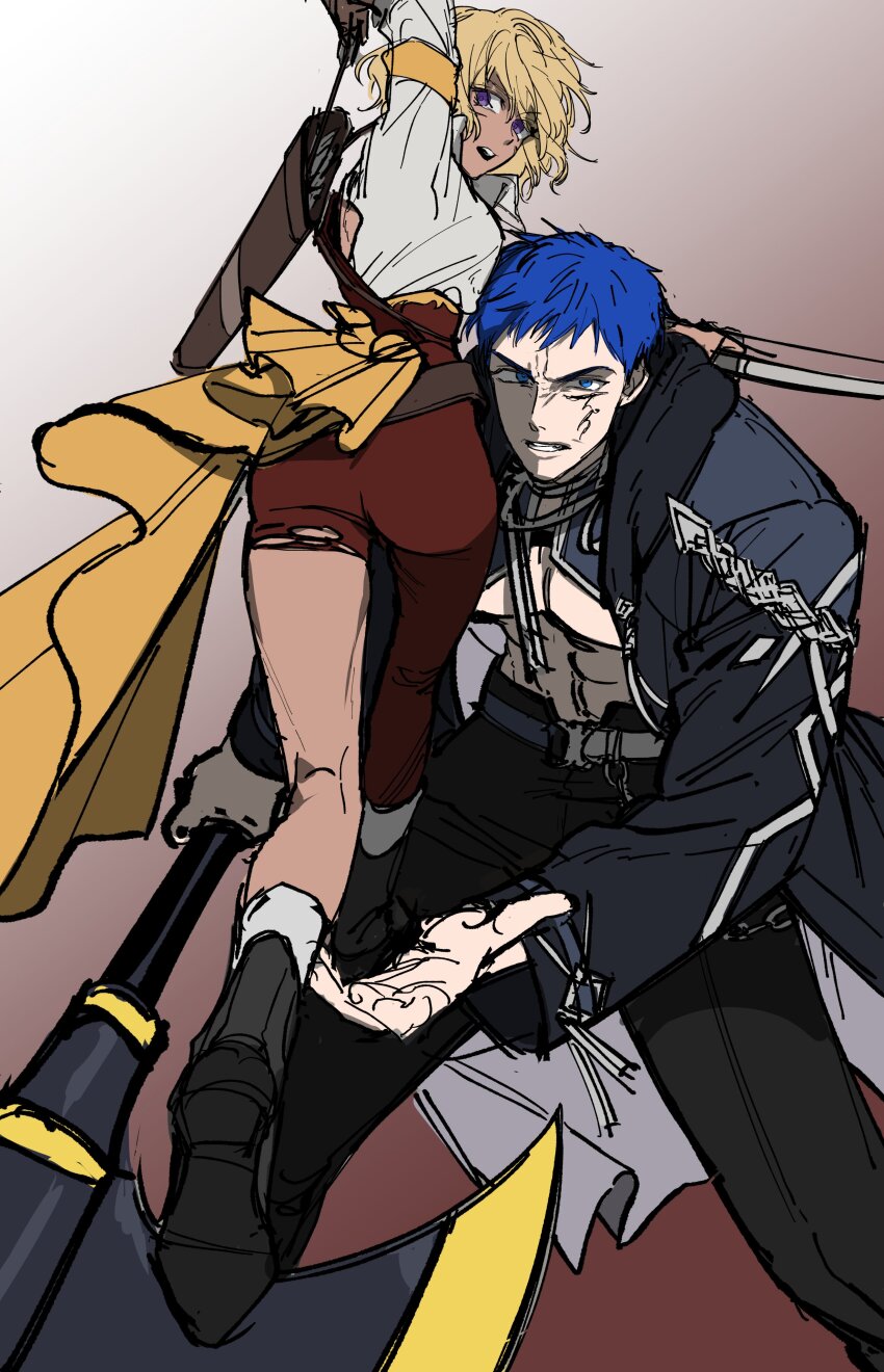 1boy 1girl absurdres blonde_hair dark-skinned_female dark_skin elf giant highres mabinogi muiriol muscular muscular_male pointy_ears rhin52888890