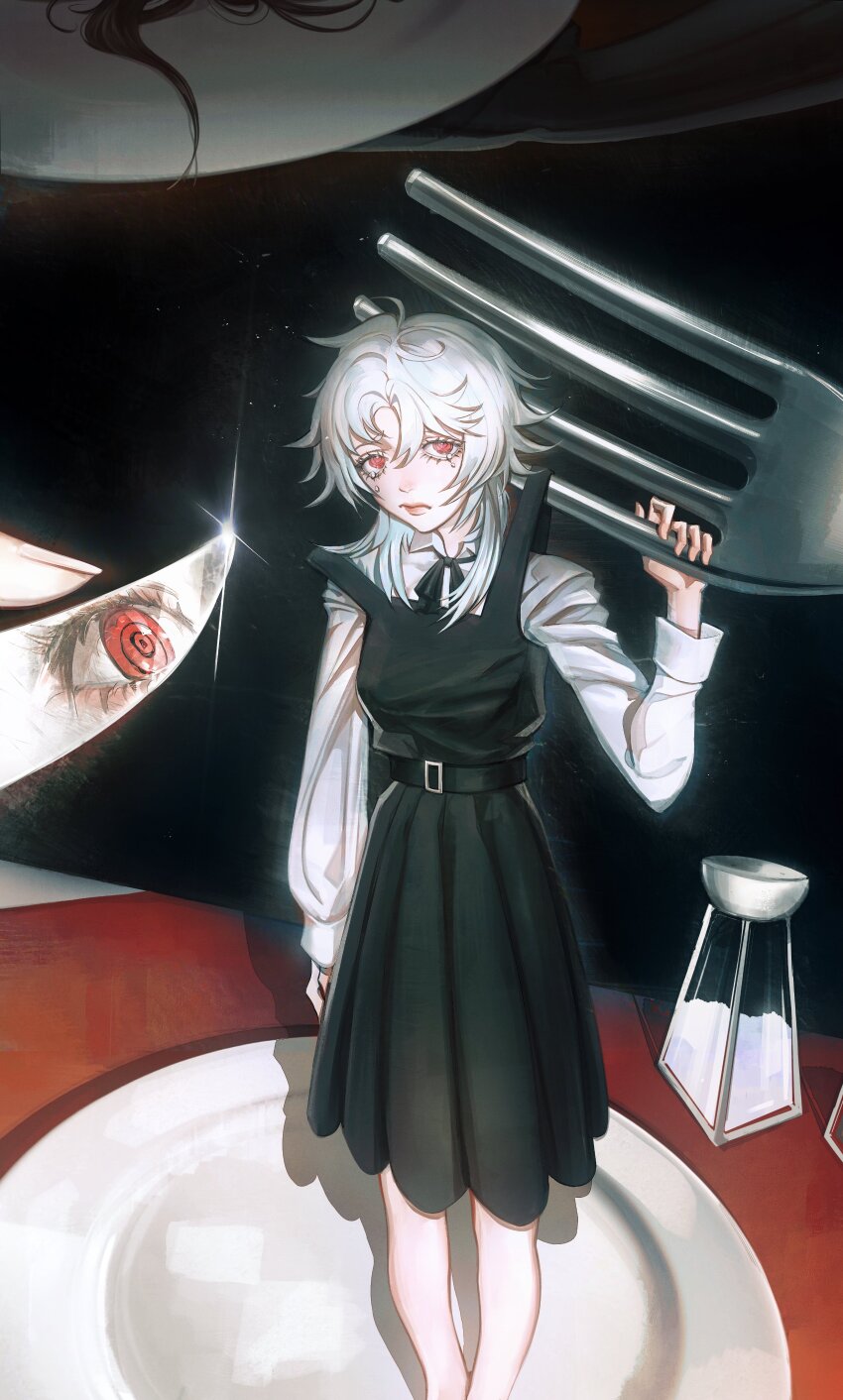 1girl absurdres black_dress chainsaw_man closed_mouth commentary dress dromi999 english_commentary fork highres knife long_hair looking_at_viewer mini_person minigirl pinafore_dress plate red_eyes salt_shaker shirt sleeveless sleeveless_dress solo standing white_hair white_haired_girl_(chainsaw_man) white_shirt