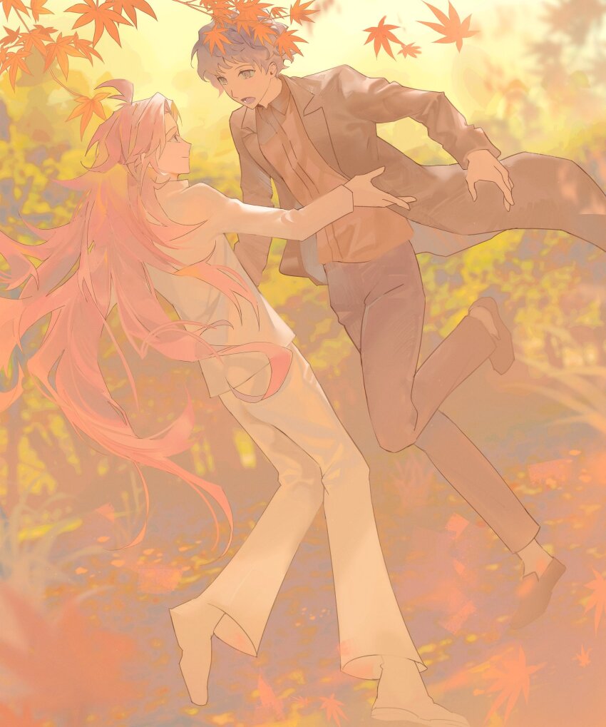 2boys ahoge alternate_costume autumn black_coat black_eyes black_hair black_pants black_shoes brown_shirt closed_mouth coat collared_shirt colored_eyelashes commentary_request full_body hatsutori_hajime highres korean_commentary lapels leaf leg_up long_hair male_focus maple_leaf multiple_boys notched_lapels open_clothes open_coat open_mouth outdoors pants pink_hair red_eyes saibou_shinkyoku shirt shoes smile temu_(temp_mumu) utsugi_noriyuki very_long_hair white_pants white_shirt white_shoes
