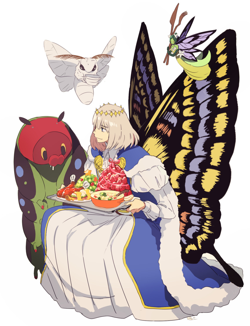 1boy arthropod_boy blanca_(fate) blue_cape blue_coat blue_eyes bug butterfly_wings cape caterpillar coat colored_skin diamond_hairband drooling fairy fate/grand_order fate_(series) food frills fur-trimmed_cape fur_trim green_skin grey_hair hair_between_eyes highres holding holding_food holding_tray insect insect_wings juliet_sleeves long_sleeves looking_at_animal looking_at_food male_focus medium_hair moth oberon_(fate) oberon_(first_ascension)_(fate) oversized_insect pirohi_(pirohi214) puffy_sleeves robe simple_background smile solo squatting tray white_background white_robe wings yellow_trim