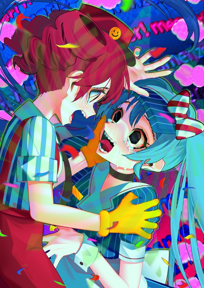 absurdres black_choker black_eyes blue_dress bow choker collared_shirt crying crying_with_eyes_open dress drill_hair gloves hair_between_eyes hat hat_bow hatsune_miku highres kasane_teto kepi mesmerizer_(vocaloid) military_hat open_mouth pants pinstripe_dress pinstripe_hat pinstripe_pattern red_hair red_hat red_pants sailor_collar sharp_teeth shirt short_sleeves sleeves_rolled_up smiley_hat_ornament solid_oval_eyes striped_bow striped_clothes striped_shirt suspenders tears teeth tongue twin_drills twintails utau visor_cap vocaloid white_bow white_wrist_cuffs wing_collar wrist_cuffs yellow_gloves zontik2404