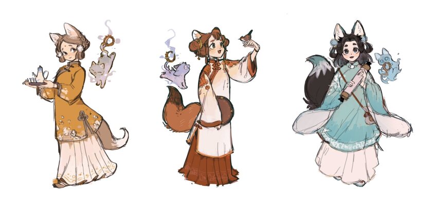 3girls animal_ears aoqun aqua_hair aqua_hanfu bag bird black_hair braid brown_eyes brown_hair cat chinese_clothes facial_mark forehead_mark fox_ears fox_girl fox_tail full_body ghost gradient_hair hair_ornament hair_rings hanfu highres holding holding_tray huadian juanmao long_skirt mandarin_collar multicolored_hair multiple_girls orange_hanfu original pleated_skirt pom_pom_(clothes) pom_pom_hair_ornament red_hanfu shoulder_bag skirt tail teapot tray white_background
