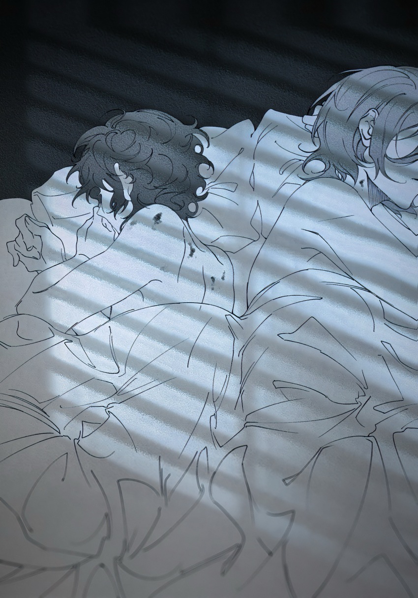 2boys aoba_tsumugi blind chinese_commentary commentary_request ensemble_stars! feet_out_of_frame greyscale hickey highres lying medium_hair mermicia messy_hair monochrome multiple_boys on_bed on_side parted_lips pointy_nose short_hair shoulder_blades tenshouin_eichi topless_male under_covers window_shadow yaoi