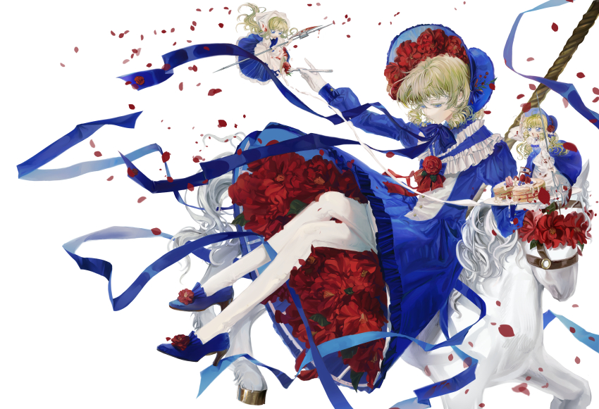 1girl absurdres alice_margatroid alternate_costume blonde_hair blue_bonnet blue_bow blue_bowtie blue_dress blue_eyes blue_ribbon blue_shoes blueberry bonnet bow bowtie buttons cake cake_slice carousel collar colored_eyelashes commentary_request cream doll dress drill_hair flag flower flower_in_clothes flower_over_eye food footwear_flower fork frilled_collar frilled_dress frills fruit gloves hair_flower hair_ornament headscarf highres holding holding_fork holding_plate juliet_sleeves long_hair long_sleeves medium_hair pantyhose peony_(flower) plate puffy_sleeves red_flower red_petals ribbon shoes sitting solo strawberry stretching touhou white_background white_gloves white_headscarf white_horse white_pantyhose yinyong_yu
