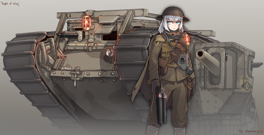 1girl absurdres caterpillar_tracks female_focus green_eyes grey_background gun hat highres mark_iv_tank military military_vehicle motor_vehicle original sherman_(egnk2525) short_hair shotgun simple_background solo steampunk tank weapon white_hair