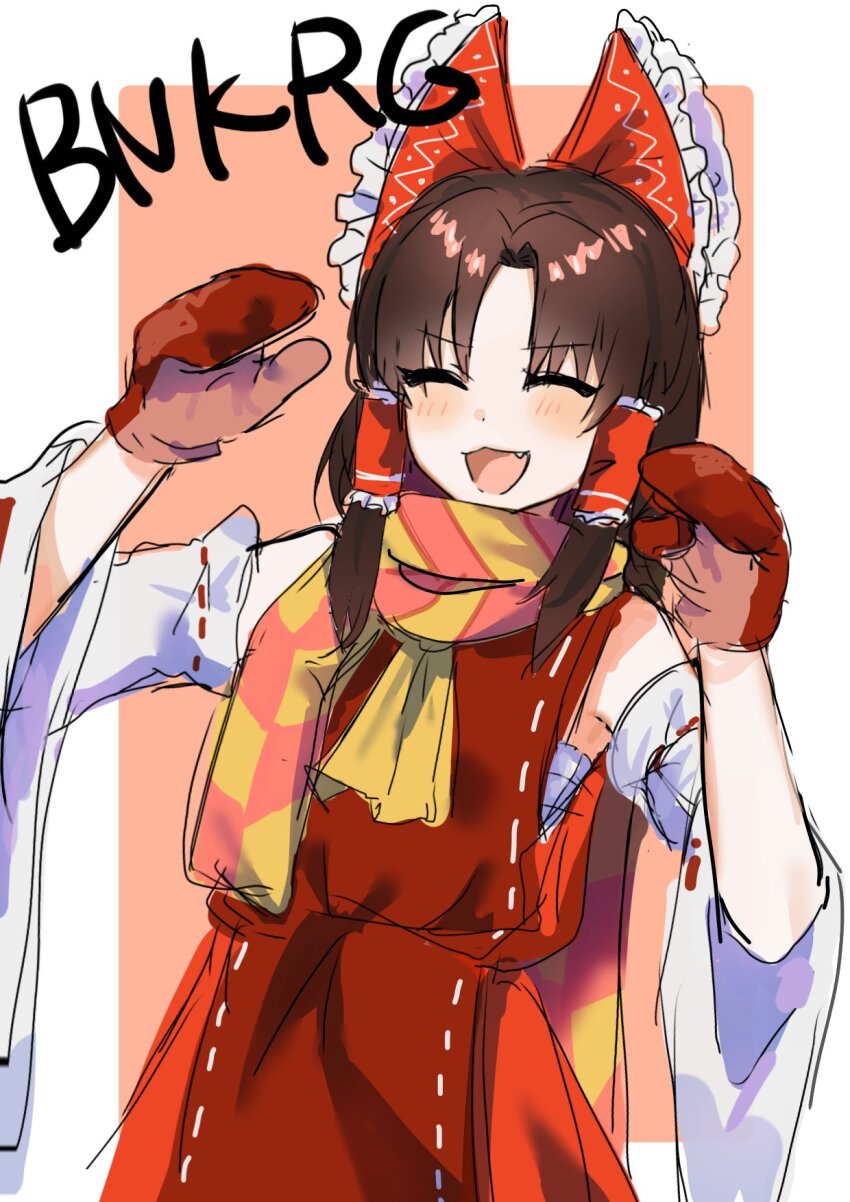 1girl an_(anananan393939) ascot benikurage_(cookie) blush bow brown_hair character_name closed_eyes cookie_(touhou) cowboy_shot detached_sleeves dress fang frilled_bow frilled_hair_tubes frills hair_bow hair_tubes hakurei_reimu highres medium_hair mittens open_mouth parted_bangs pink_background pink_scarf red_bow red_dress red_mittens ribbon-trimmed_sleeves ribbon_trim scarf sidelocks sleeveless sleeveless_dress smile solo striped_clothes striped_scarf touhou two-tone_background white_background white_sleeves yellow_ascot yellow_scarf
