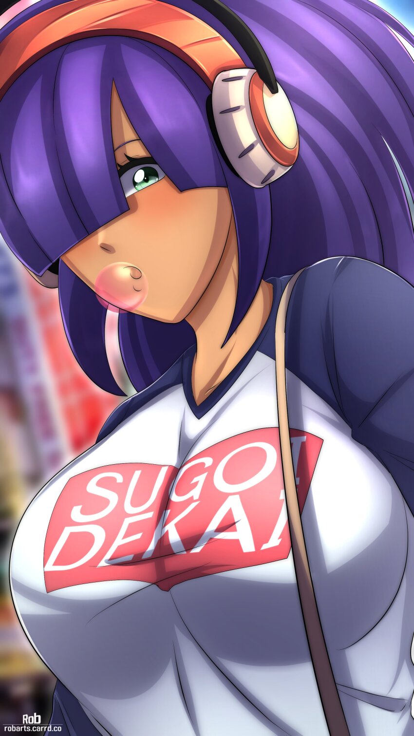absurdres android artist_logo axasempai bag blunt_bangs breasts casual chewing chewing_gum cityscape clothes_writing dark-skinned_female dark_skin denim denim_skirt from_below green_eyes hair_over_eyes hair_over_one_eye handbag headgear headset high_ponytail highres hime_cut impossible_clothes impossible_shirt large_breasts layer_(mega_man) logo long_hair looking_at_viewer mega_man_(series) mega_man_x_(series) meme_attire mole mole_under_eye open_mouth ponytail purple_hair raglan_sleeves robot robot_ears robot_girl romaji_text shirt skirt sugoi_dekai upper_body
