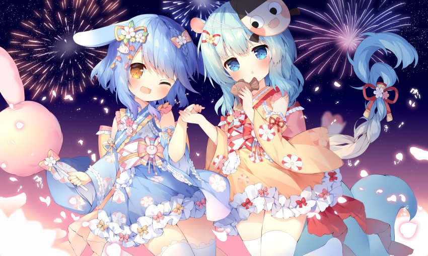2girls :o animal_ears azur_lane blue_hair blue_kimono blush braid chocolate cotton_candy detached_sleeves dress festival fireworks fish floral_print food green_hair hair_ornament highres holding holding_cotton_candy holding_food holding_hands japanese_clothes kimono lace long_hair mask mask_on_head mikazuki_(azur_lane) minazuki_(azur_lane) multiple_girls night one_eye_closed petals pink_ribbon rabbit rabbit_ears red_ribbon ribbed_dress ribbon smile tail taiyaki thighhighs thighs tsukimi_(xiaohuasan) wagashi white_legwear yellow_kimono yellow_ribbon yukata