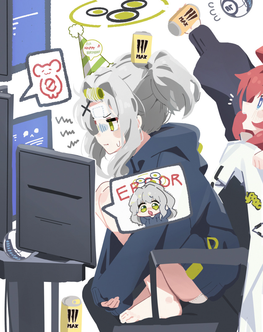 2girls ball blue_archive chibi halo highres hood hoodie kotama_(blue_archive) looking_at_viewer maki_(blue_archive) monitor monster_(drink) multiple_girls patanda red_eyes school_uniform simple_background squatting white_background